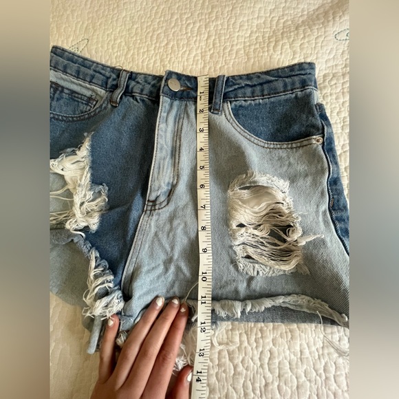 Distressed Checkered High Waisted Denim Shorts - Picture 3 of 4
